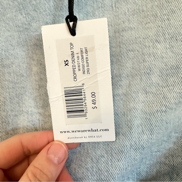 NWT WeWoreWhat cropped ruffle peasant sleeve blouse acid wash denim women’s XS - Picture 7 of 10